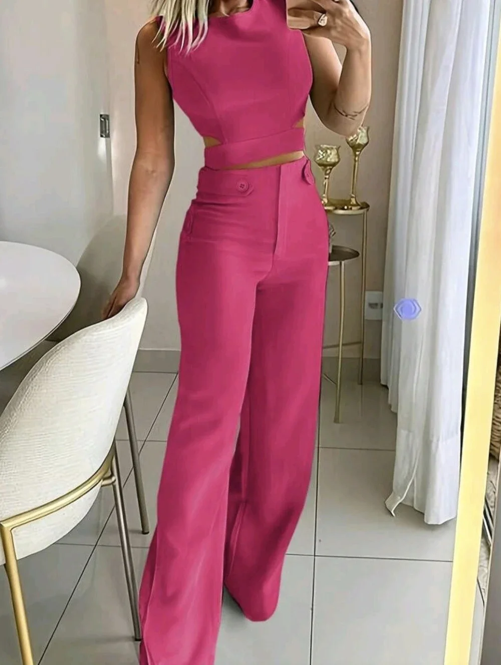 Hot Pink 2 Piece Set Crop Top Pants Medium
